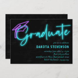 Convite Luz Azul Neon | Graduação Retroativa Moderna