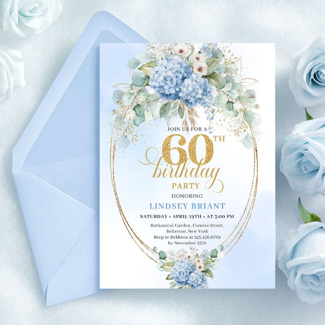 Convite Luz Bohemiana Atemporal Azul Floral Aniversário de (Timeless Bohemian Light Blue Floral 60th Birthday)