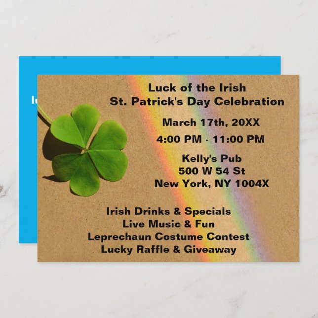 Convite Luz de Arco-íris Azul & Trevo Verde Irlandês Beben (Frente/Verso)