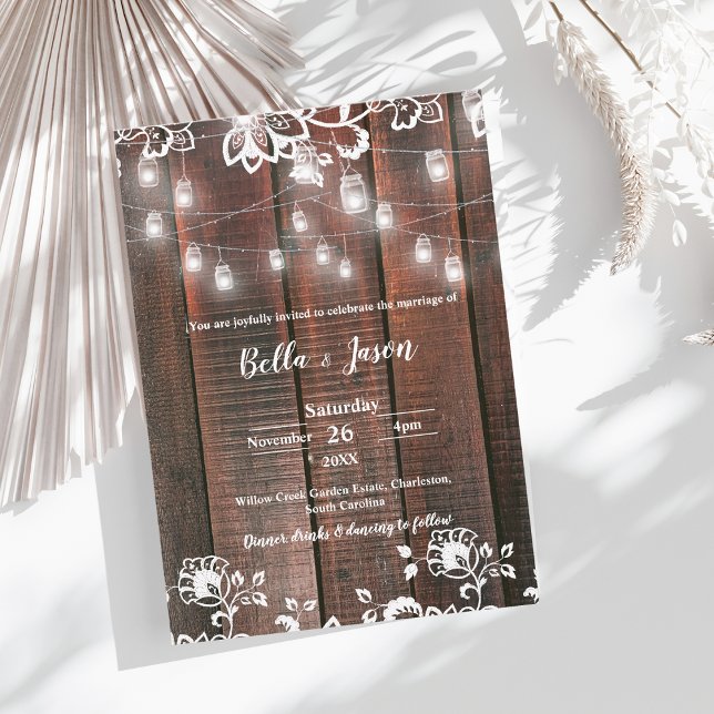 Convite Luz de Corda de Madeira Rústica Casamento de Campo (Rustic Wood String Lights Wedding Invitation | Barn Lace Wood Country Wedding Invite)