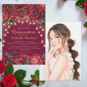 Convite Luz de Corda Dourada Rosa Vermelha Estrela Foto Qu
