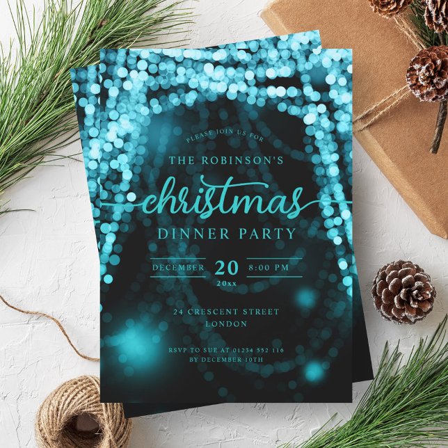 Convite Luz de inverno Luxuosa Turquesa (Luxurious Turquoise Winter Lights Christmas Invitation)