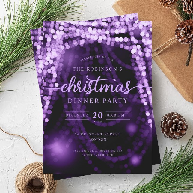 Convite Luz de inverno Roxo Luz de inverno Luz de Natal (Luxurious Purple Winter String Lights Christmas Invitation)