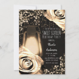Convite Luz de Lanterna Rustic Glow Dourado Rosas Sweet 16