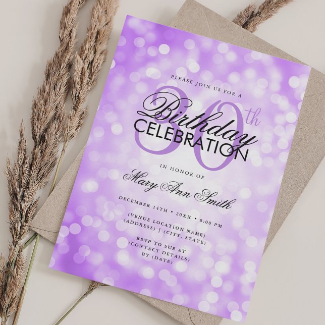 Convite Luz de Shimmer Purple aniversário de 30 anos Glam  (Elegant 30th Birthday Glam Purple Shimmer Light Invitation)