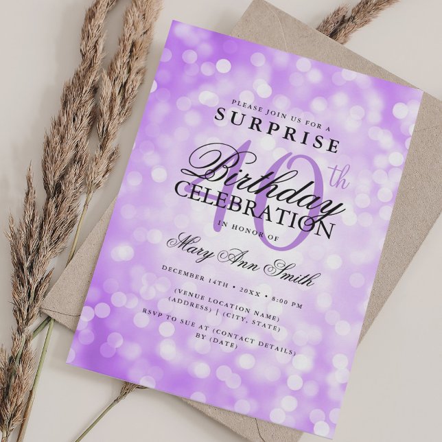 Convite Luzes aniversário de 40 anos Roxas da SURPRESA Ele (Elegant SURPRISE 40th Birthday Purple Lights Invitation)