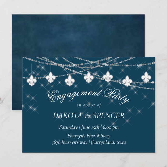 Convite Luzes azuis de Fleur de Lis Marinho | Noivado russ (Frente/Verso)