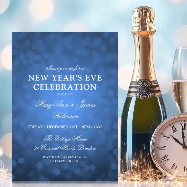 Convite Luzes azuis do Marinho Elegante (Elegant New Years Eve Navy Blue Bokeh Lights Invitation)
