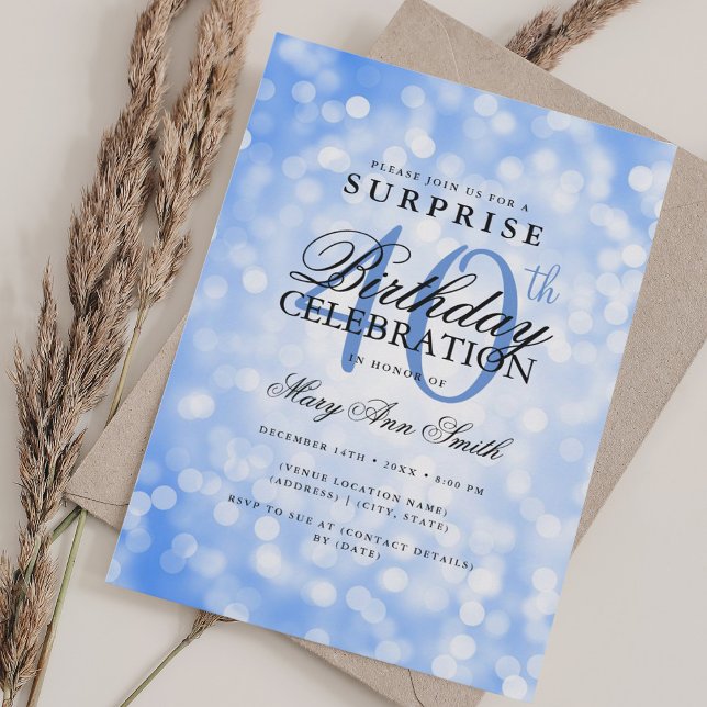 Convite Luzes azuis do Marinho SURPRISE Elegante (Elegant SURPRISE 40th Birthday Navy Blue Lights Invitation)