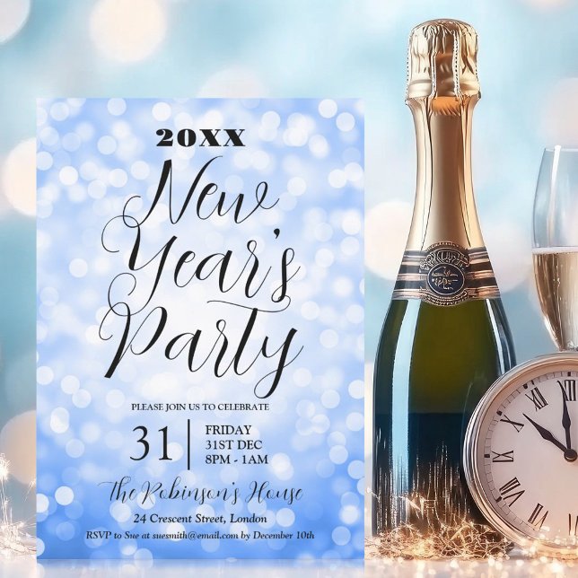 Convite Luzes Azuis do Véspera de ano novo MODERN (MODERN New Years Eve Party Blue Bokeh Lights Invitation)