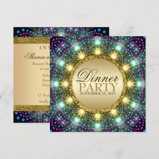 Convite Luzes Boêmias Cores Dourado Brilhante (Frente/Verso)