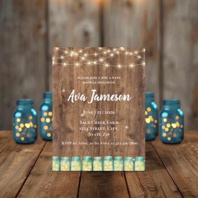 Convite Luzes Boho em Potes de Pedra Rústicos para Chá de  (Cozy rustic wood baby shower invitation featuring glowing string lights and charming mason jars.)