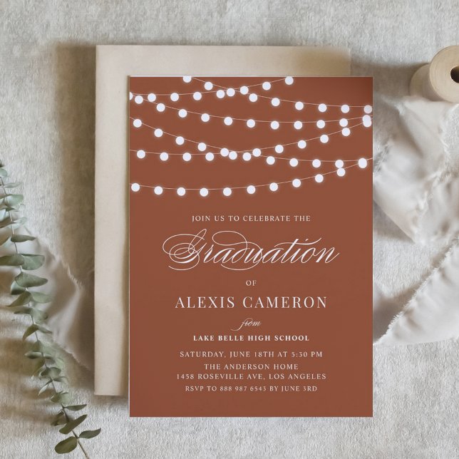 Convite Luzes Brancas Festa de formatura Terracotta (Customizable boho graduation invitation featuring white string lights. Available in other colors.)