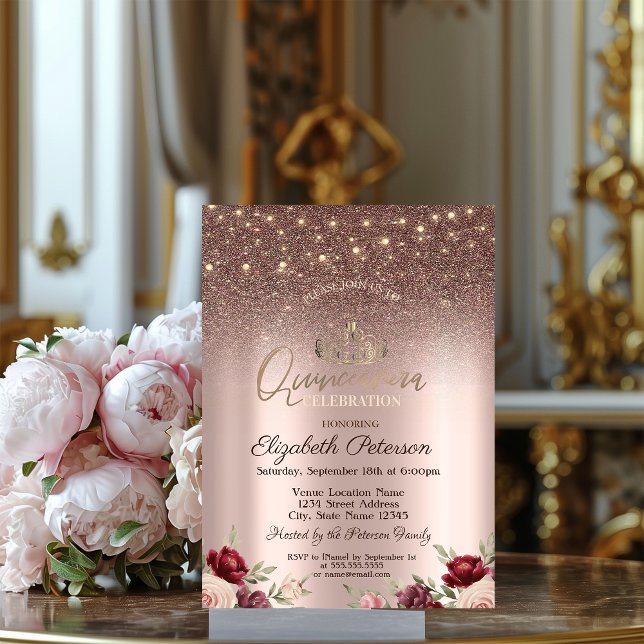 Convite Luzes, Brilhante Glitter, Quinceañera Rosa Dourada (Criador carregado)