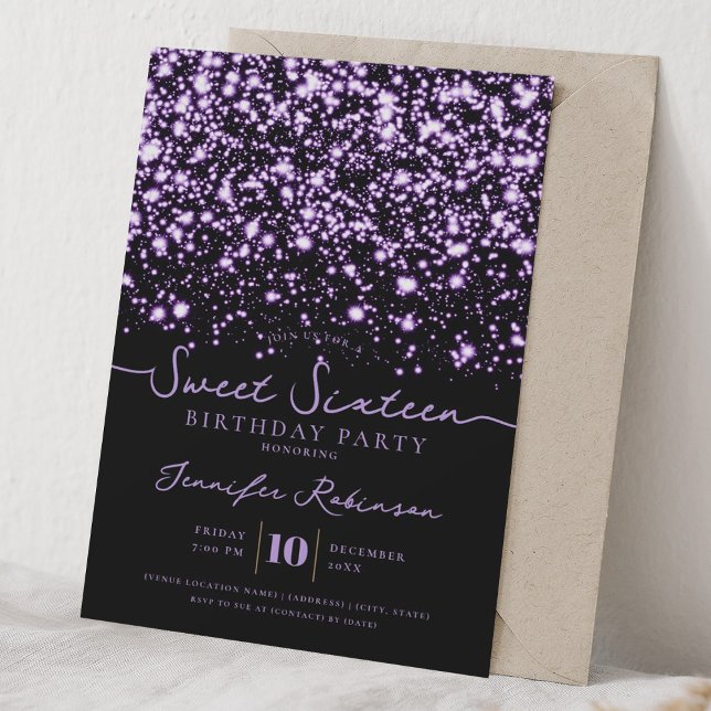Convite Luzes Brilhantes Chic Doce 16 Aniversário Roxo  (Criador carregado)