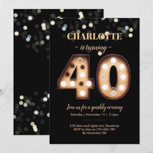 Convite Luzes brilhantes de aniversário de 40 anos (Frente/Verso)