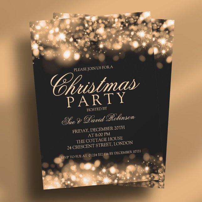 Convite Luzes brilhantes do Partido de Natal Dourado (Gold Christmas Party Sparkling Lights Invitation)