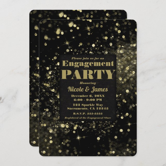 Convite Luzes brilhantes Douradas pretas Festa de noivado (Frente/Verso)