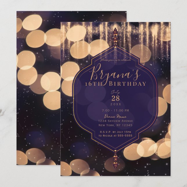 Convite Luzes Brilhantes Dourado Roxo Noite Mística Doce 1 (Frente/Verso)