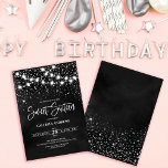 Convite Luzes brilhantes pretas de prata doce 16<br><div class="desc">Este convite de aniversário majestoso e glamouroso e doce dezesseis é perfeito para a menina feminina. Ele apresenta linhas luminosas suspensas brilhantes sobre o falso confete cintilante prateado em um fundo abstrato preto inspirado por estrelas no céu noturno. É bonito, chique, moderno, moderno e legal; o design perfeito para o...</div>