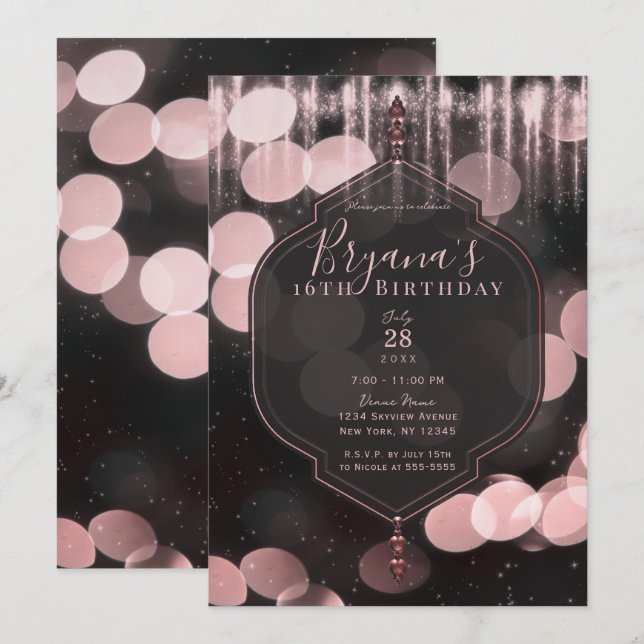 Convite Luzes Brilhantes Rosa Preto Noite Mística Doce 16 (Frente/Verso)