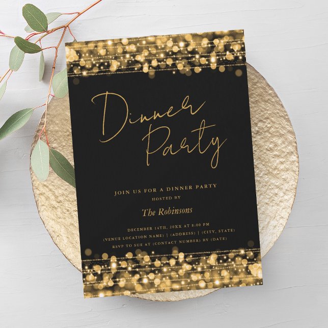 Convite Luzes Chiques Douradas Festa de Jantar Preta (Gold Chic Lights Script Dinner Party Black Invitation)