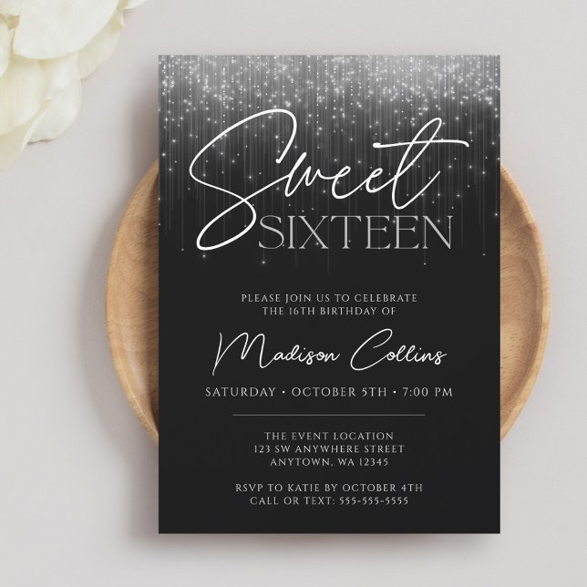 Convite Luzes Cinza Prateado Preto Sweet 16 (Criador carregado)