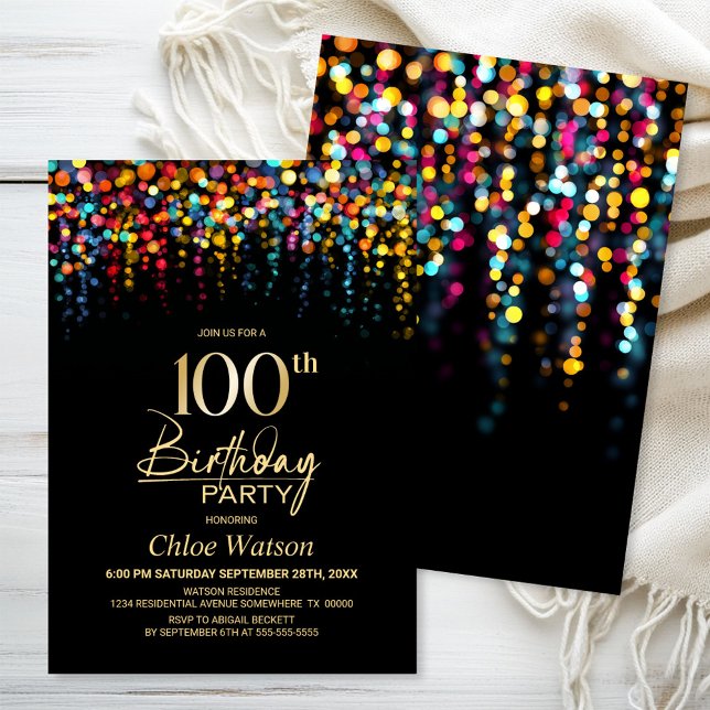 Convite Luzes Coloridas de Bokeh para Festa de 100 Anos de (Criador carregado)