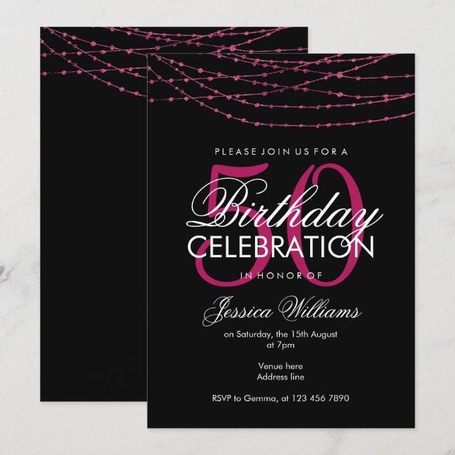 Convite Luzes cor-de-rosa brilhantes 50º aniversário (Frente/Verso)