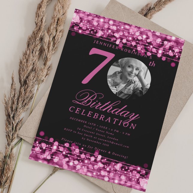 Convite Luzes cor-de-rosa-quente com Festa de aniversário  (Elegant Photo 70th Birthday Party Hot Pink Lights Invitation)
