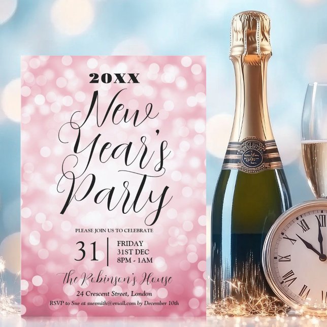 Convite Luzes cor-de-rosa-rosadas do Partido da Véspera de (MODERN New Years Eve Party Blush Pink Bokeh Lights Invitation)