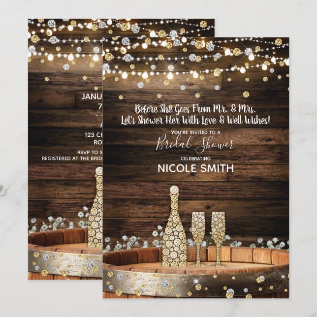 Convite Luzes de Barril de Madeira Rústica para Festa de N (Frente/Verso)