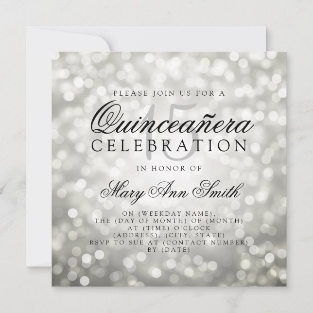Convite Luzes de Bokeh de Silver Silver Bokeh 15 de Quince (Frente)