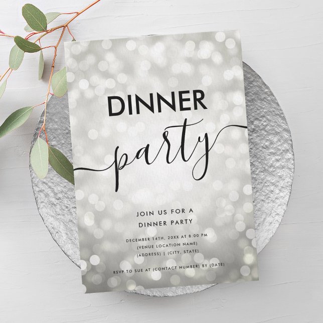 Convite Luzes de Brilho Prateado Modernas para Jantar de G (Modern Silver Glitter Lights Dinner Party Invitation)