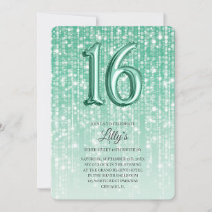 Convite Luzes de brilho verde Foil Balão 16º aniversári