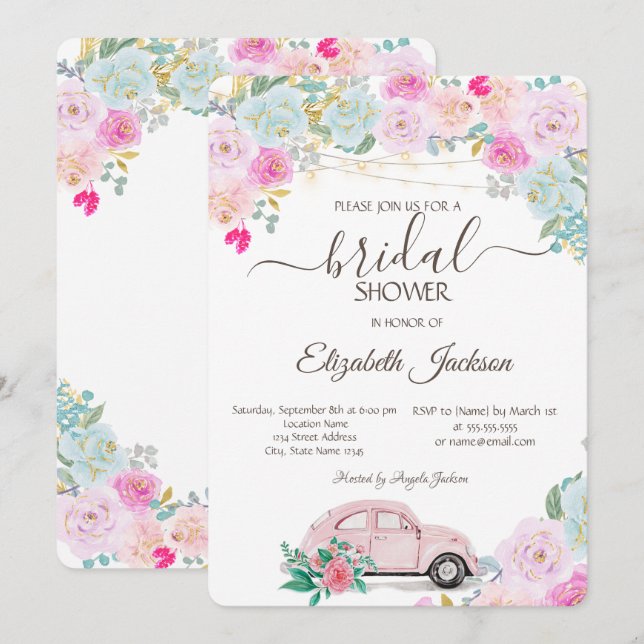 Convite Luzes de Carro Rosa Chic Rosas Chá de Bebê de Noiv (Frente/Verso)