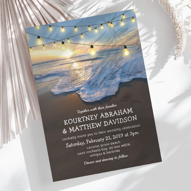 Convite Luzes de Corda à Beira-Mar Casamento na Praia (Criador carregado)