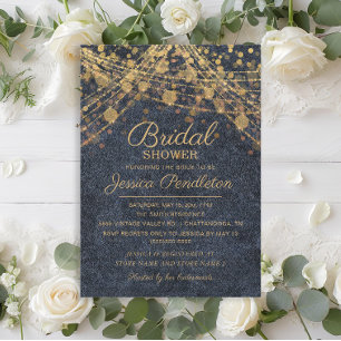 Convite Luzes de Corda Azuis e Douradas Rustic Glam para C