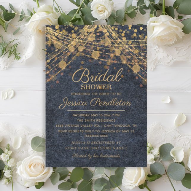 Convite Luzes de Corda Azuis e Douradas Rustic Glam para C (Rustic glam navy blue and gold string lights bridal shower invitation)
