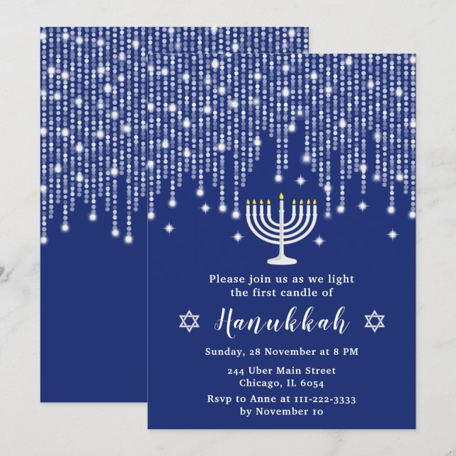 Convite Luzes de Corda Azuis e Prateadas Festa de Hanukkah (Frente/Verso)