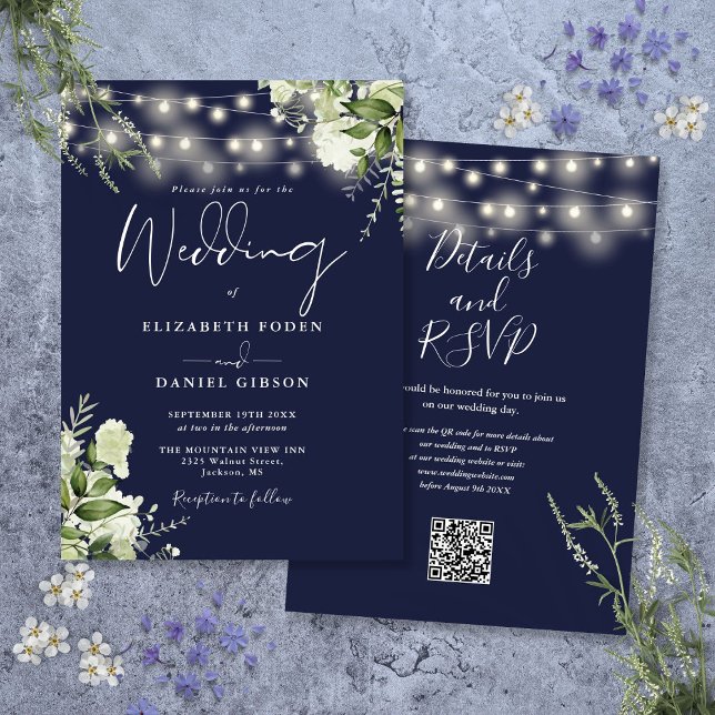 Convite Luzes de Corda Azuis Navy Florais Código QR Casame (Navy Blue String Lights Floral QR Code Wedding Invitation)