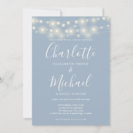 Convite Luzes de Corda Azul Empoeirado Elegante Casamento