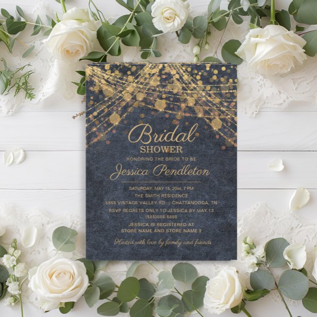 Convite Luzes de Corda Azul Jeans Rústico Dourado Chá de N (Rustic glam navy blue and gold string lights wedding Bridal Shower invitation)