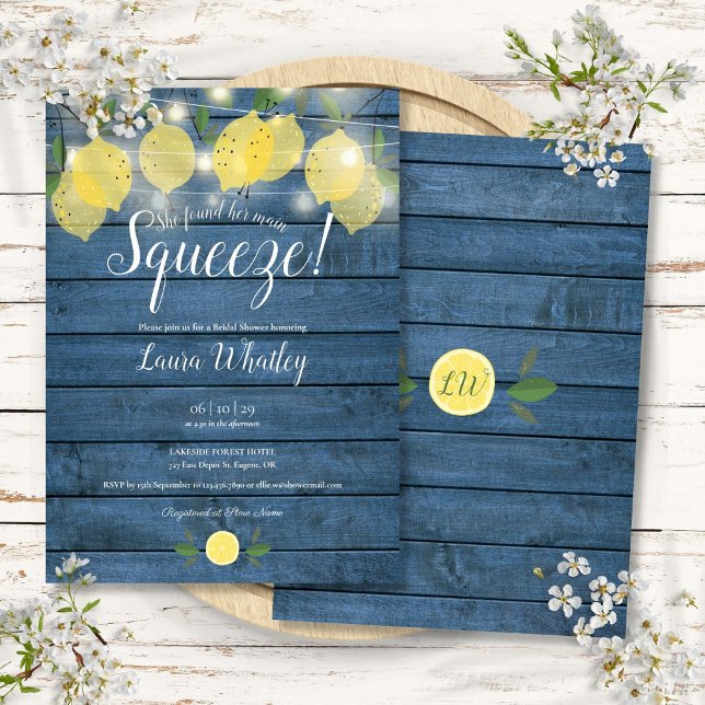 Convite Luzes de Corda Azul Madeira Squeeze Principal Chá  (String Lights Blue Wood Main Squeeze Bridal Shower Invitation)
