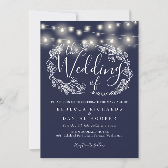 Convite Luzes de Corda Azul Marinho Casamento Roteiro (Frente)