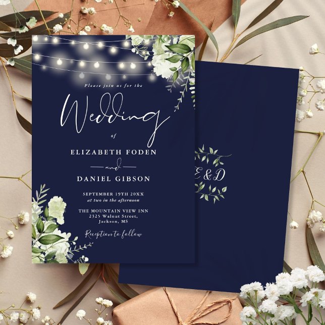 Convite Luzes de Corda Azul Marinho com Monograma Floral C (Navy Blue String Lights Floral Monogram Wedding Invitation)