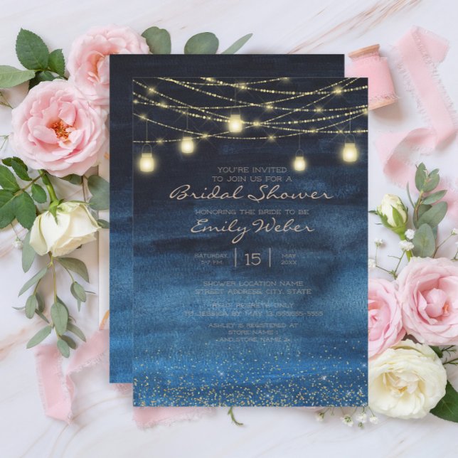 Convite Luzes de Corda Azul Marinho Douradas Lanternas Chá (Navy blue and gold string lights bridal shower invitation)
