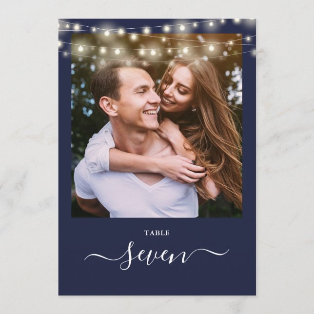Convite Luzes de Corda Azul Marinho Número de Mesa de Foto (Frente)