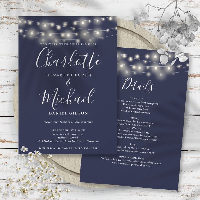 Convite Luzes de Corda Azul Marinho Tudo em Um Simples Cas (String Lights Navy Blue All In One Simple Wedding Invitation)