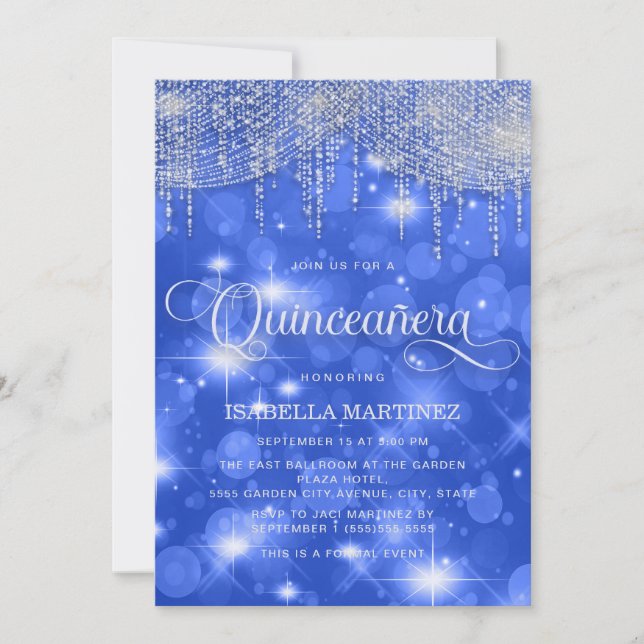 Convite Luzes de Corda Azul Real Brilham Quinceañera (Frente)